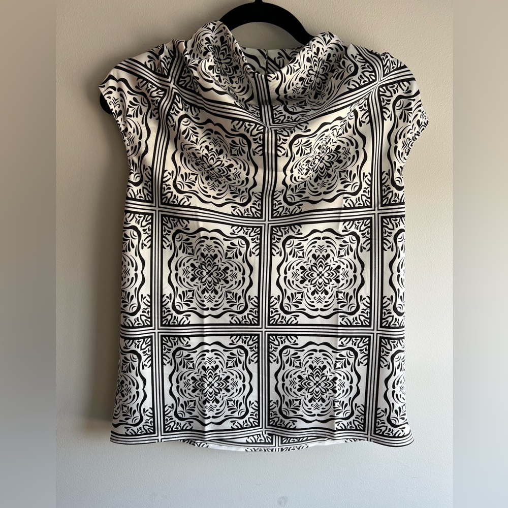 LOFT Chic Black & White Silky High-Neck Short Sleeve Blouse – Workwear Essential